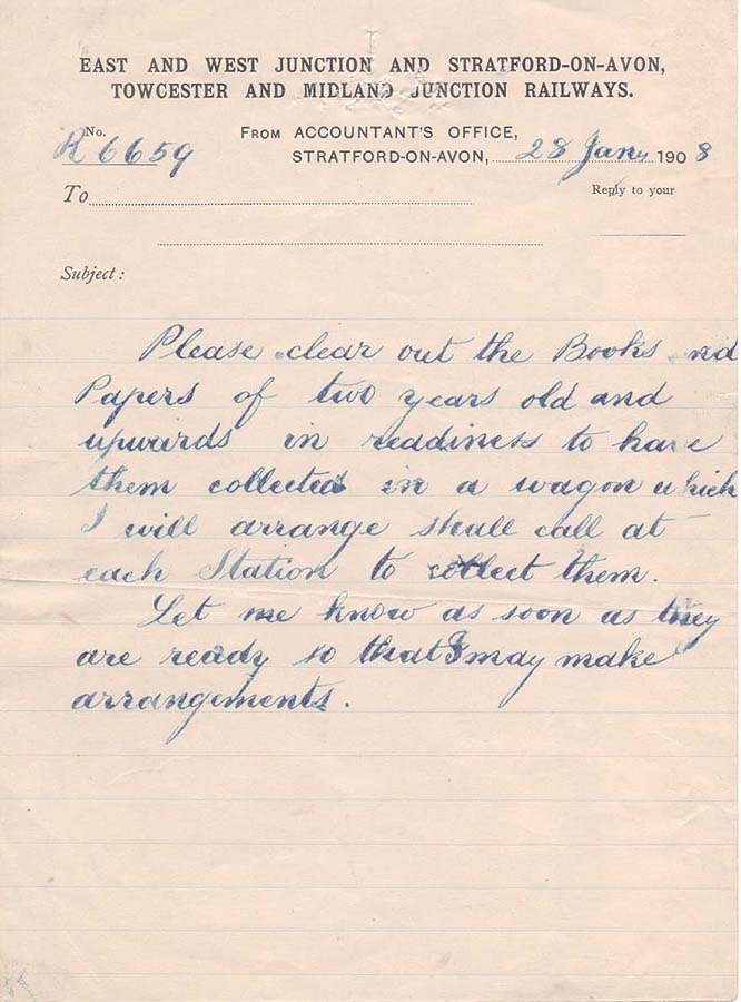 This short memo was written at the Accountant's Office at Stratford-on-Avon although it's not clear if it was actually issued 