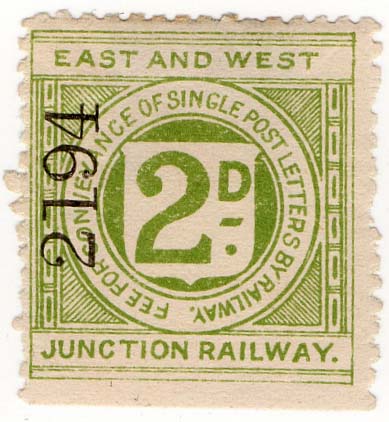 An East & West Junction Railway 2d Postage Stamp for 'Fee for Convenience of Single Post Letters by Railway'