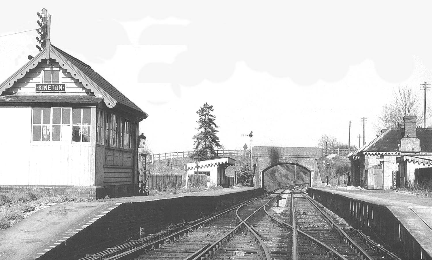 Looking towards Wellesbourne Road bridge and beyond to Fenny Compton shortly after the station closed to passengers