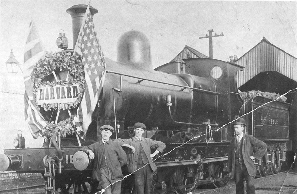 SMJ 0-6-0 No 18 stands outside Stratford on Avon shed after working forward the United States Ambassador's special from Woodford Halse in 1909