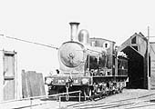 Close up showing SMJ 0-6-0 No 15 standing on No 1 road at Stratford on Avon locomotive shed