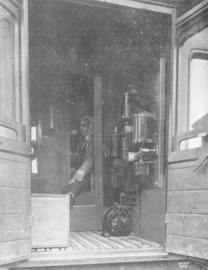 Photograph showing in greater detail the Railophone system installation inside the guards van