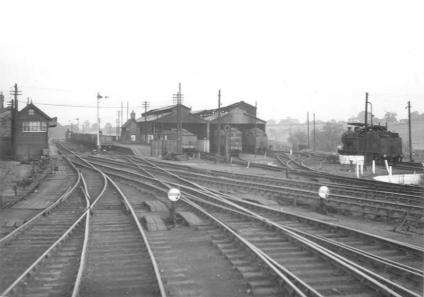 Looking East towards Fenny Compton with the two signal boxes on the left and the shed on the right on 30th September 1951