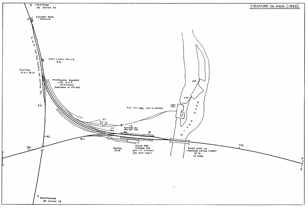 View of the 1885 plan of the East & West Junction Railway's Stratford on Avon station showing the line to Broom