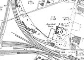 Close up of the 1938 Ordnance Survey map showing the station, the carriage sidings and the goods shed and yard