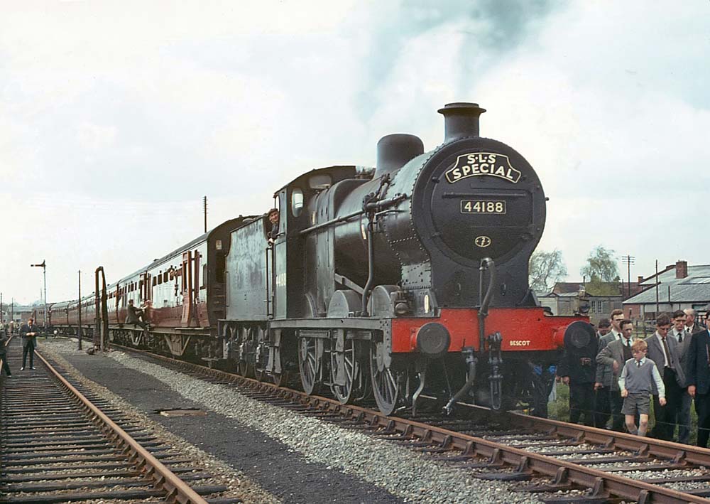 Ex-LMS 4F 0-6-0 No 44188 stands at the head of a SLS Special at Stratford Old Town station on 24th April 1965