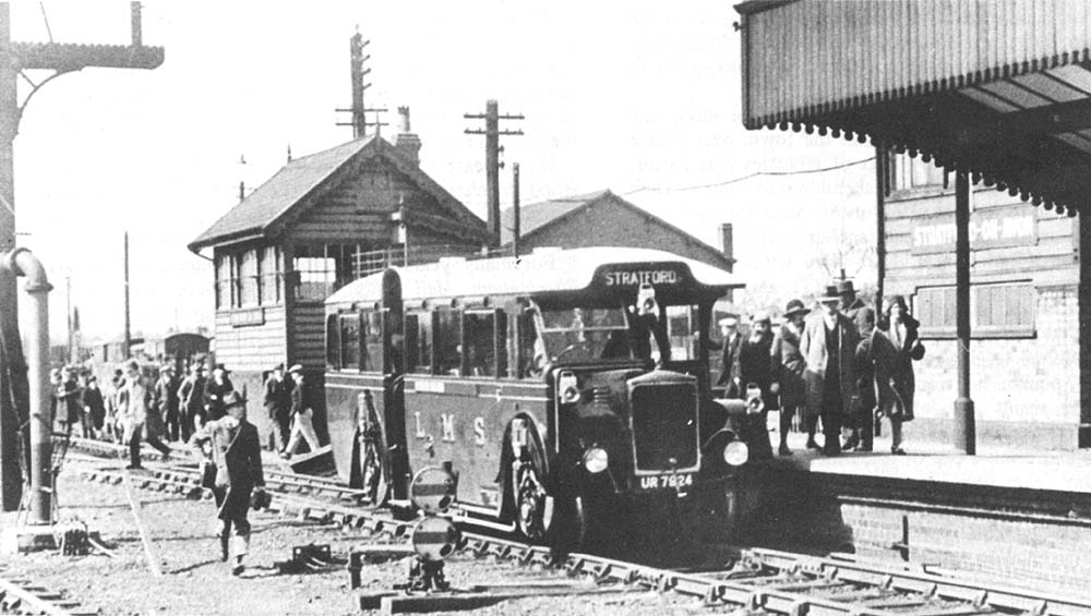 A view of the Ro-Railer at Stratford on Avon's up platform during one of the tests held during April 1932