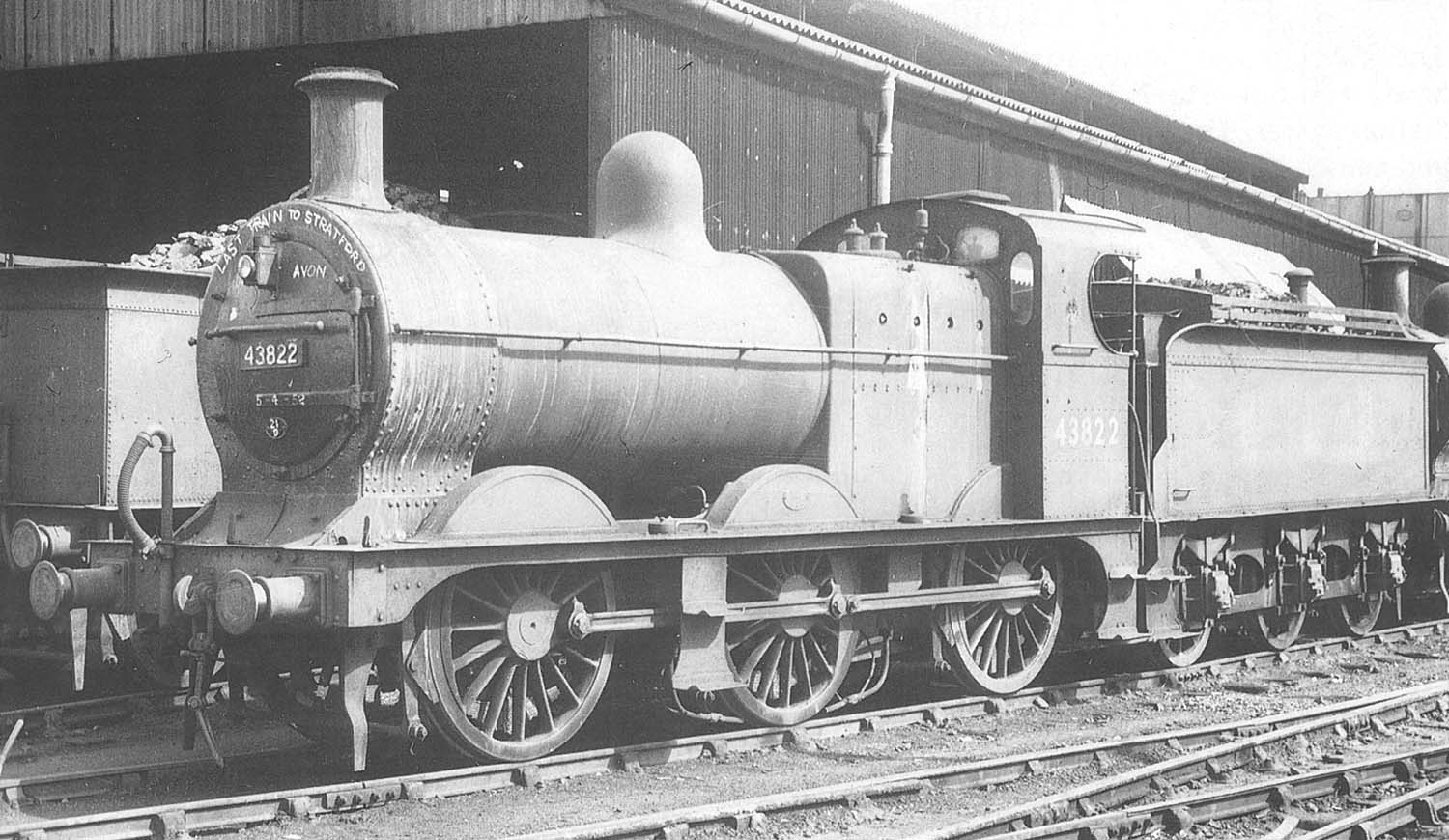 Ex-LMS 4F 0-6-0 No 43822 fully coaled and watered for its next trip stands at Stratford upon Avon shed on 6th April 1952
