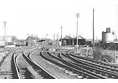 Looking eastwards towards the station on the left and the shed on the right on 22nd March 1957