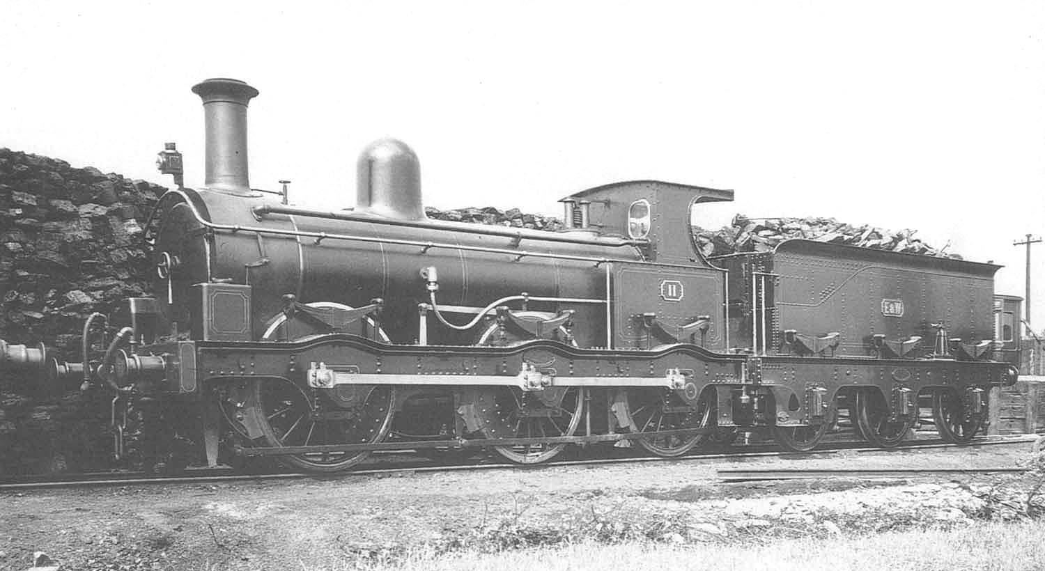 E&WJR 0-6-0 No 11 looks resplendent when adjacent to coal stack at Stratford upon Avon shed