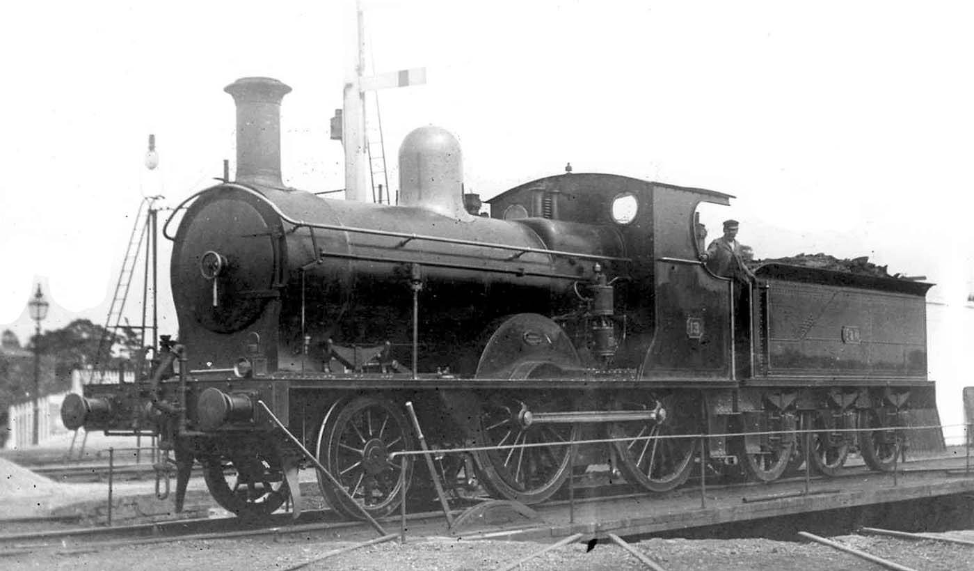 E&WJR 2-4-0 No 13 is seen standing on the original turntable outside Stratford upon Avon shed