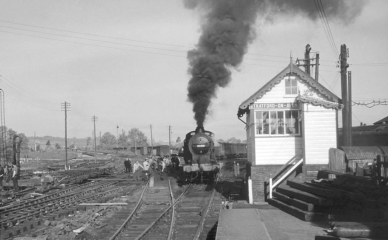 Ex-LMS 4F 0-6-0 No 44491 is acting as shunter at Stratford Old Town during advanced works on the southern junction on 29th April 1959