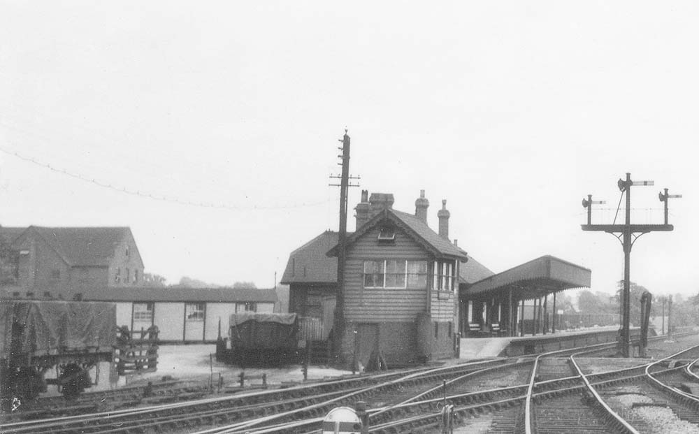 Close up showing part of Stratford onh Avon station's forecourt and entrance to the goods yard and sidings