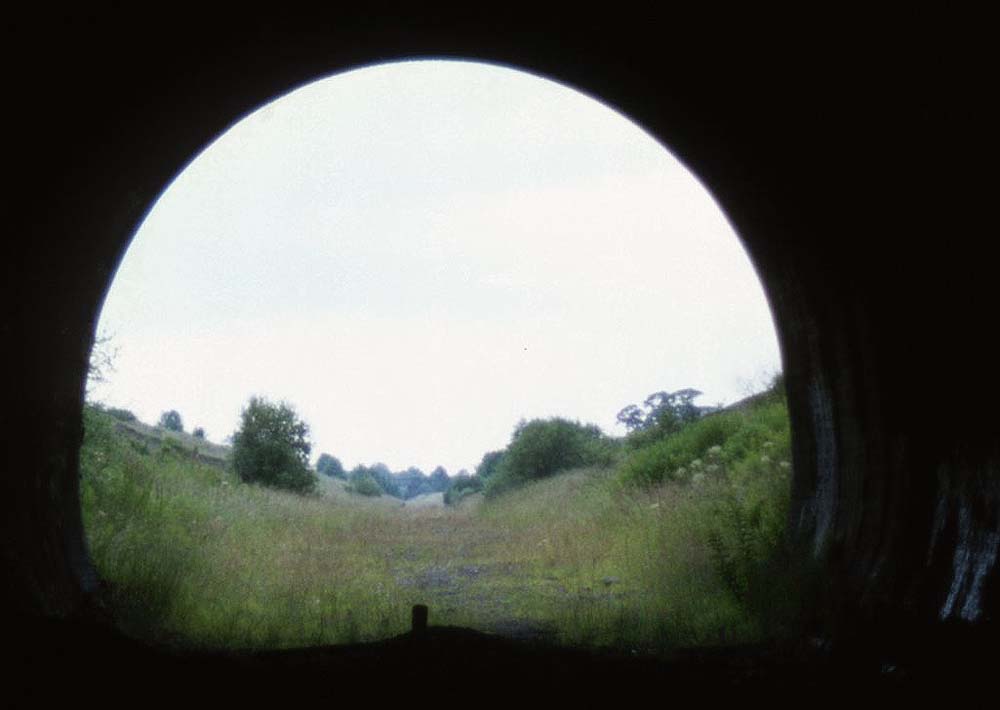 Looking south out of Catesby Tunnel's south portal showing the cutting stretching into the distance