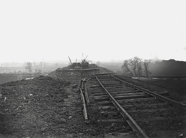 Looking towards Bridge No 448 from the top of the embankment showing temporary contractor's trackwork