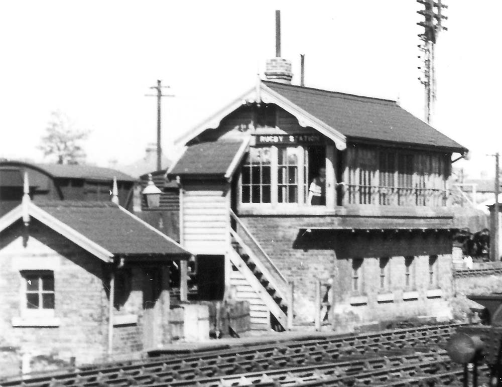 Close up showing Rugby Signal Cabin which controlled the goods yard and the station section