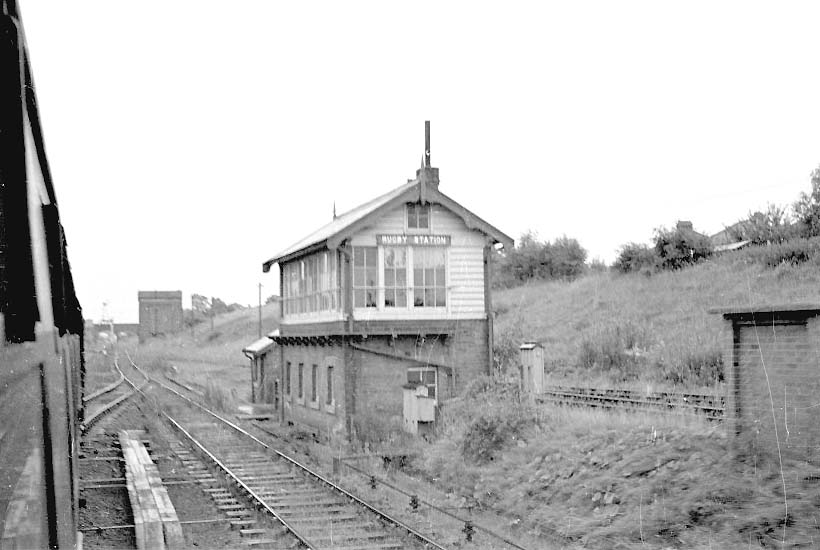 Looking back towards London from a down train showing the passing loop and the signal cabin on the right