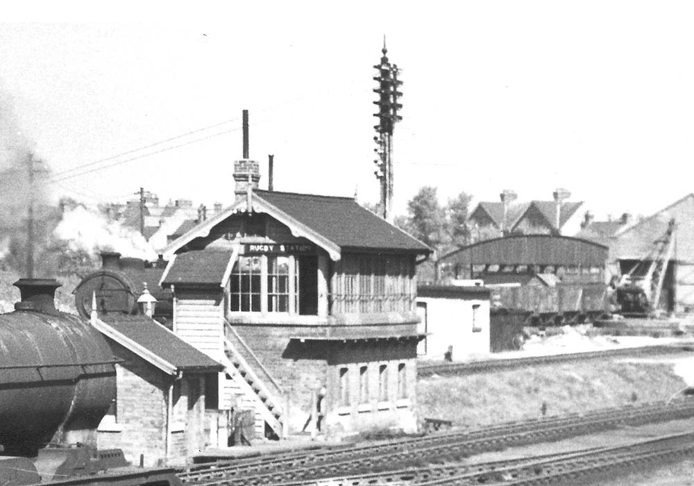 Close up showing Rugby Station Signal Cabin located at the London end of the down side of the station