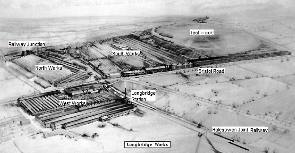 An annotated publicity drawing of the Austin Motor site in 1941, showing the various Works and their relationship to the Railway