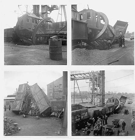 A composite of four images showing wrecked open wagons at the Power Station's rotary coal tippler