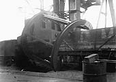 The first of four photographs showing the aftermath of a shunting incident at the Power Station's rotary coal tippler in the late 1940s