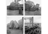 A composite of four images showing wrecked open wagons at the Power Station's rotary coal tippler