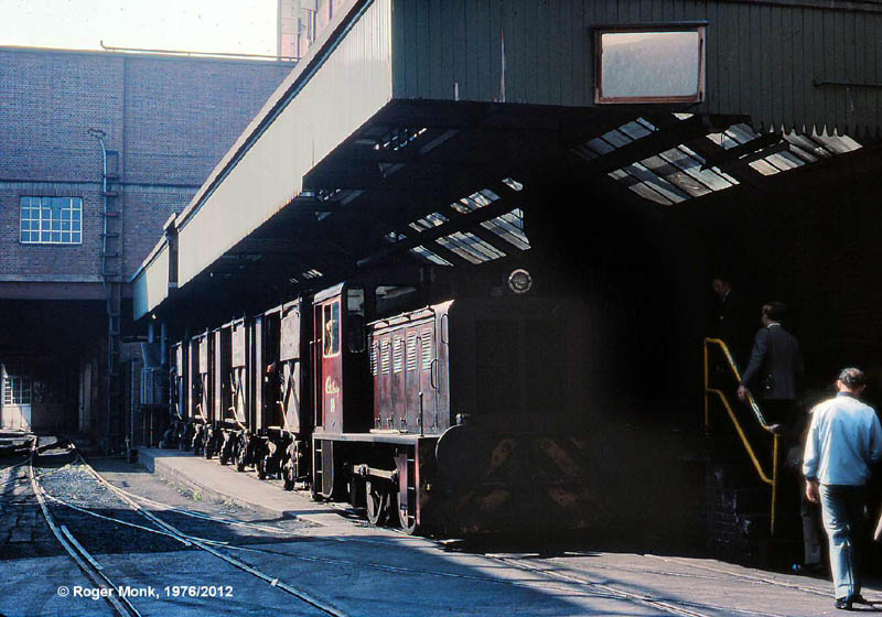 North British 0-4-0 diesel locomotive No 14 heads a railtour of the Cadbury internal railway system on 8th May 1976