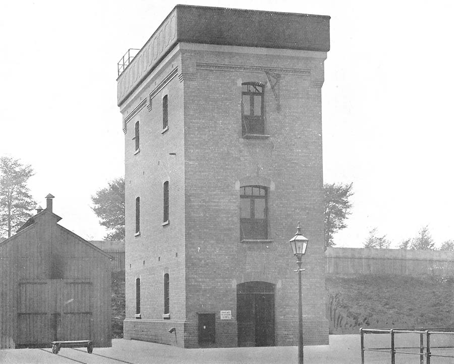 View of Coventry Gasworks' single road engine shed located alongside the water tank