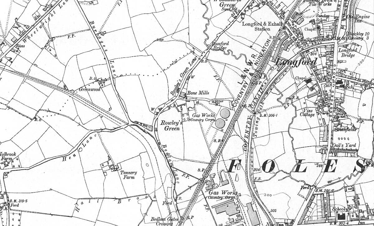 Ordnance Survey Map  revised 1912 dated 1919 showing Coventry Gas Works and Longford station