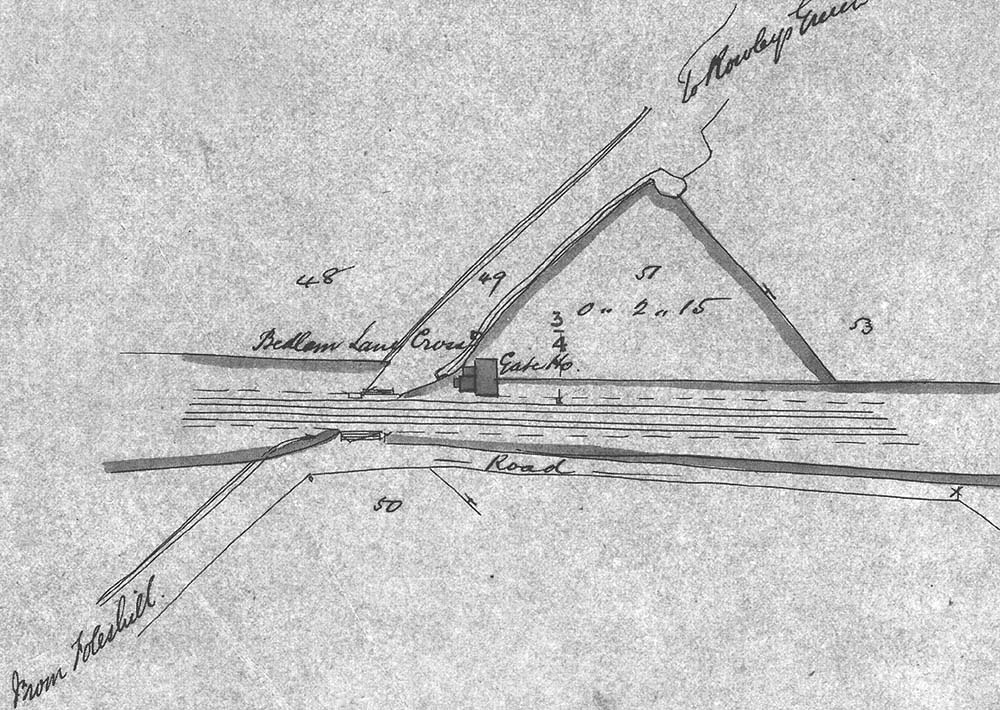 An early map showing the boundary of the Coventry to Nuneaton Railway and Bedlam Lane Crossing and Gate House