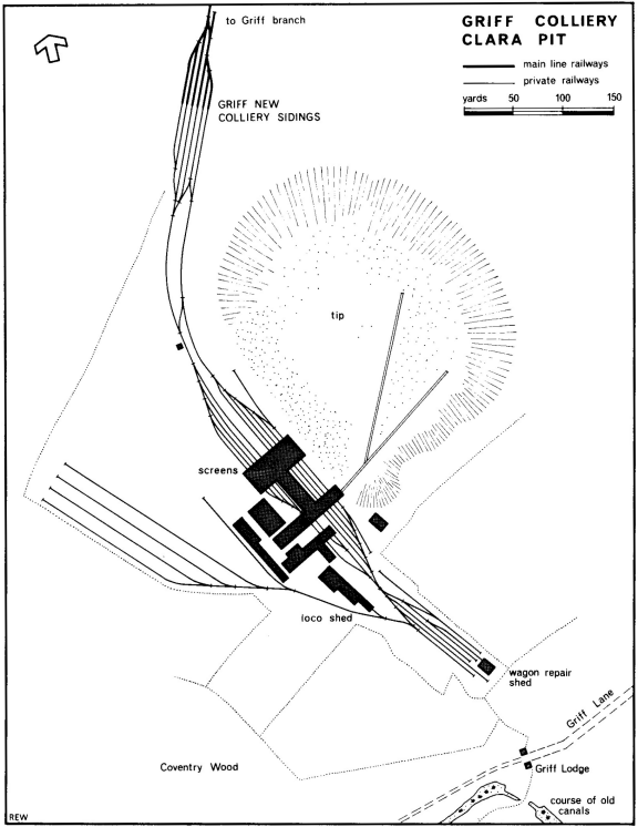 Map showing the branch line and sidings as well as the layout of the buildings at Griff Colliery's Clara Pit
