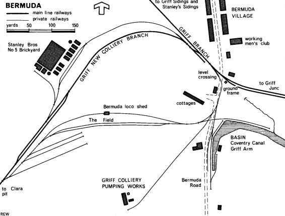 Map of Bermuda Colliery showing Griff Branch and Griff New Colliery Branch to Clara Pit and the locomotive shed