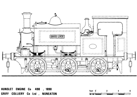 Drawing of the side elevation of 0-6-0ST Hunslet No 498 from dimensions taken from the locomotive in February 1964