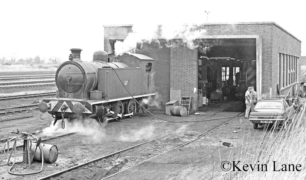 Robert Stephenson Hawthorn Works No 7151, CEGB No 9, is seen on shed at CEGB Hams Hall Power Station in April 1978