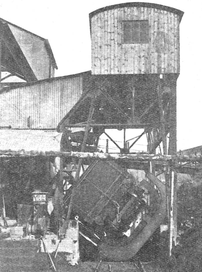 Rotary tipper in the process of discharging limestone from a GWR 20 ton wagon at the Harbury Cement Works