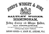 An advert for Joseph Wright & Sons, Railway Carriage and Waggon Builder's, Saltley Works, Birmingham