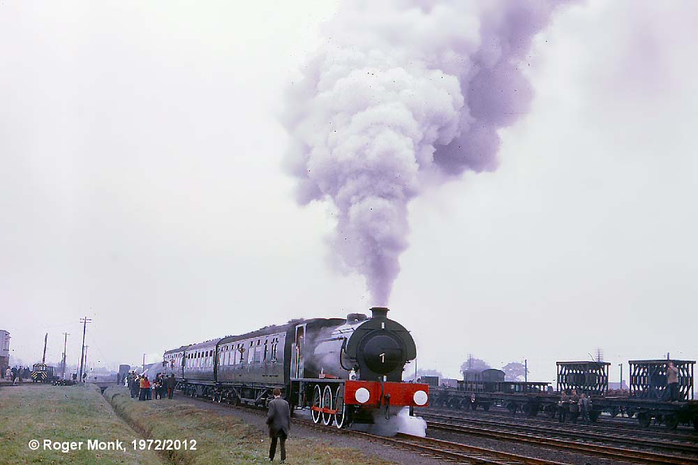 In 1972 Army 98 ROYAL ENGINEER Hunslet 3798 of 1953 on a railtour train consisting of coaches normally used for internal personnel transport