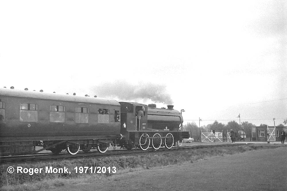 Army 98 ROYAL ENGINEER approaching the Depot's North Gate with a railtour train in October 1971