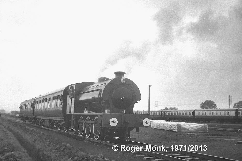 Army 98 ROYAL ENGINEER approaching the Depot's North Gate with a railtour train in October 1971