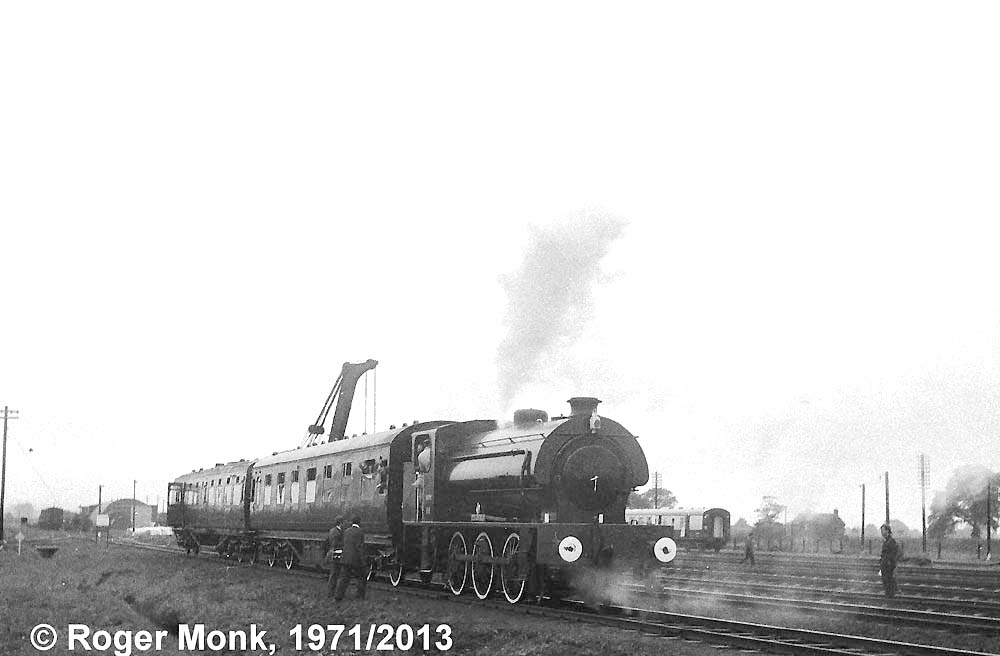Army 98 ROYAL ENGINEER approaching the Depot's North Gate with a railtour train in October 1971