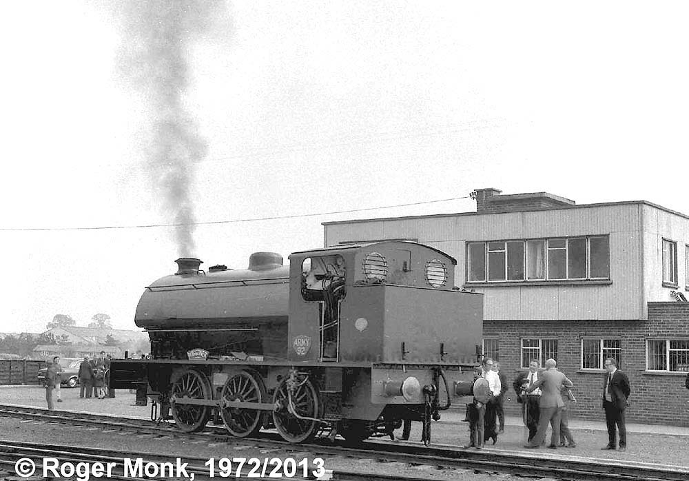 Army 98 ROYAL ENGINEER Hunslet 3798 of 1953 & 92 Hunslet 3792/53 WAGGONER adjacent to the Railway Control Office. These two steam locos were in steam for a special open day