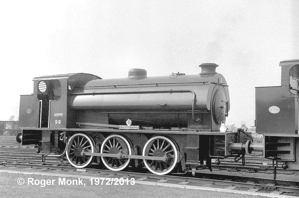 Army 98 ROYAL ENGINEER Hunslet 3798 of 1953 & 92 Hunslet 3792/53 WAGGONER adjacent to the Railway Control Office. These two steam locos were in steam for a special open day