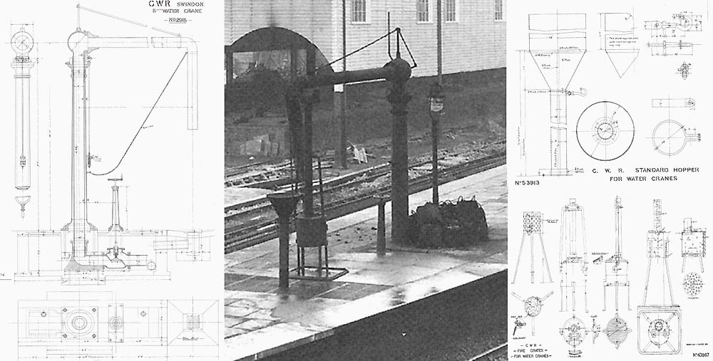 Composite image showing a photo and drawings of a standard GWR 8 ton Water Crane and drainage hopper