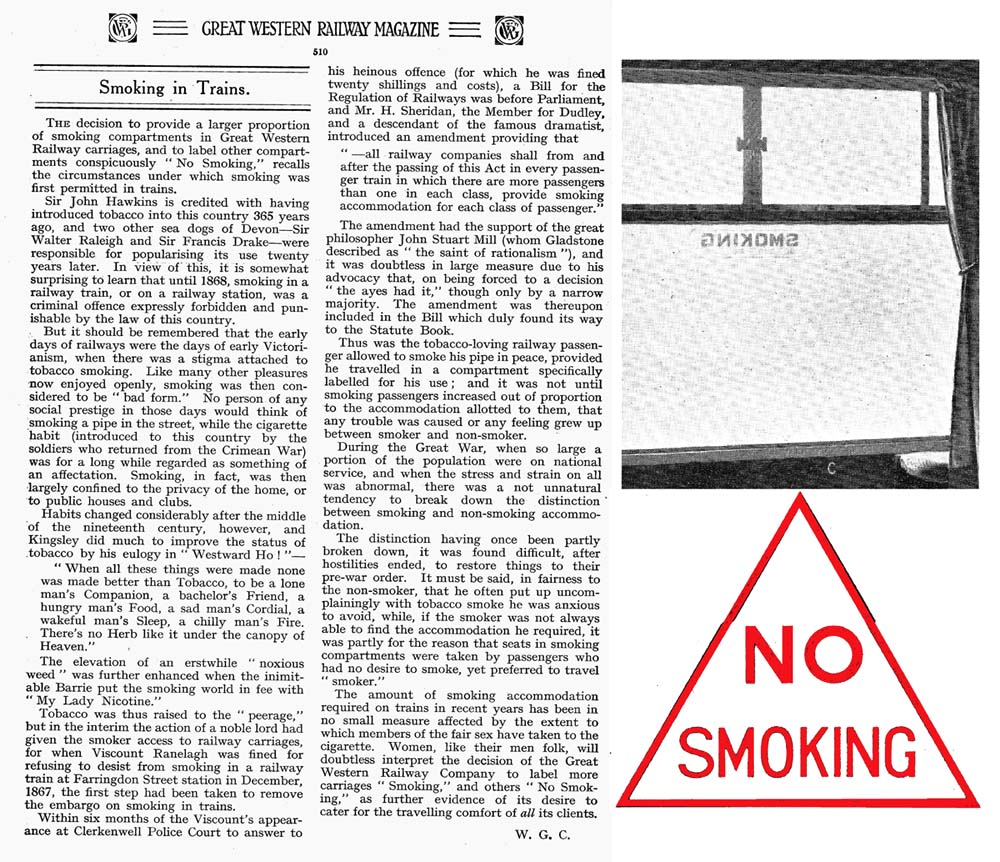 An article in December 1930 edition of the Great Western Railway magazine giving a brief history of the changes to smoking regulations to that date