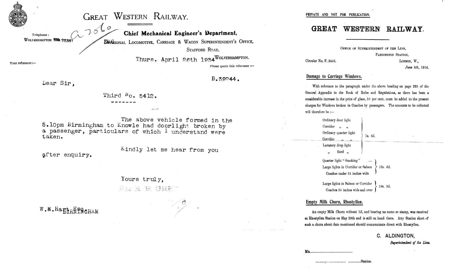 Great Western Railway General Appendix to the Rule Book the charges to be made for rectifying damage to coaches