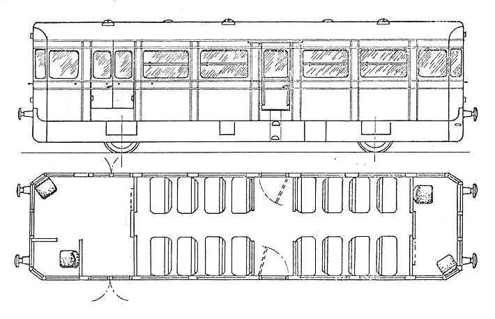 Schematic diagram showing Railcar No 1, the Motor Brake Third (later 79742), with a seating capacity of thirty-two people
