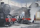 BR Standard 9F 2-10-0 No 92138 is seen being prepared by its driver inside one of Saltley shed's roundhouses