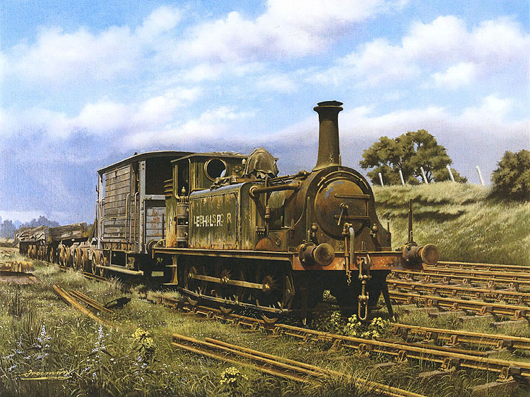 Edge Hill Light Railway 0-6-0T No 2 is seen standing in line abandoned near Kineton circa 1946