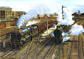 'Royal Scot' class 4-6-0 No. 46141 'THE NORTH STAFFORDSHIRE REGIMENT' with the down 'Irish Mail' at Rugby No 5 signal box