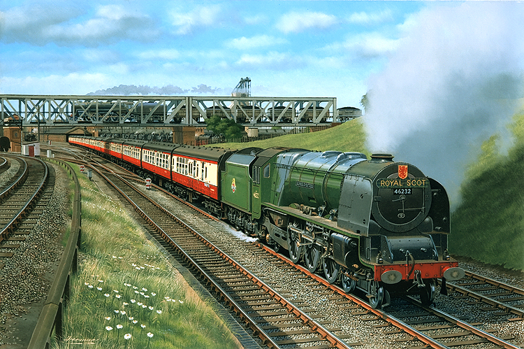 The up 'Royal Scot' powered by ex-LMS 4-6-2 No 46232 'Duchess of Montrose' passes under the 'Birdcage' bridge